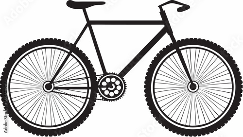 A detailed black silhouette of a bicycle with visible wheels and chain on a white background image