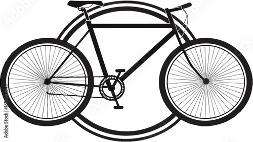 A black and white illustration of a bicycle with a circular design in the background element art