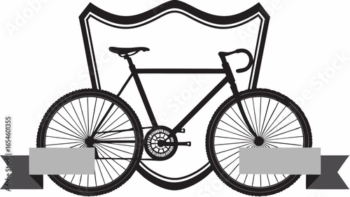 Black silhouette of a bicycle with a shield background and a banner at the bottom of the image design
