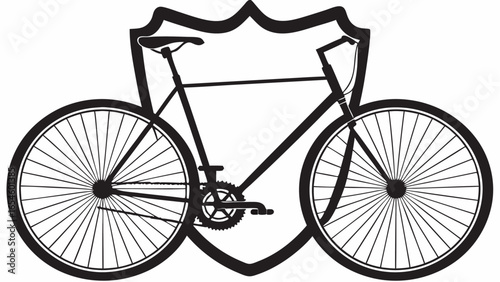 Silhouette of a classic bicycle with thin tires and a shield in the background is displayed here