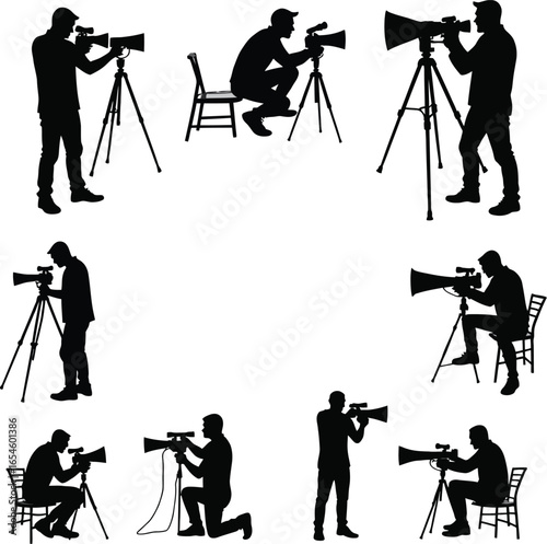 Nine silhouettes of cameramen with tripods and cameras