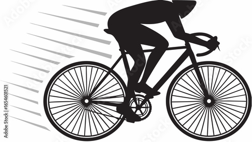 Silhouette of cyclist riding a bicycle with motion lines indicating speed and forward movement on white