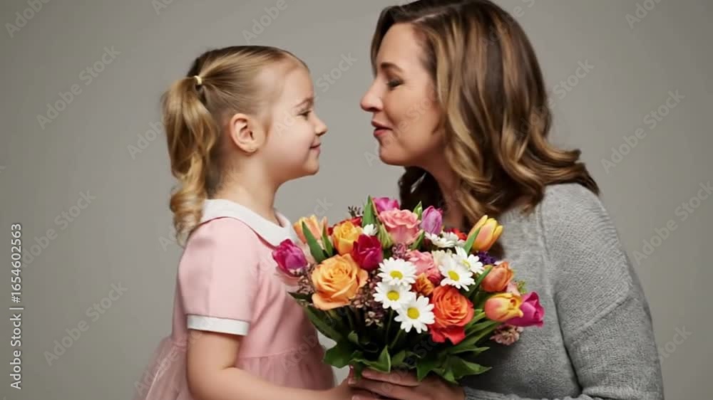 A little girl in pink gives her smiling mother a colorful bouquet A little girl in pink gives her smiling mother a colorful bouquet