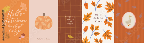 Hello autumn. Vector aesthetic illustration of pumpkin, lettering, acorn leaves, checkered pattern and goose in frame for greeting card, postcard, poster or background