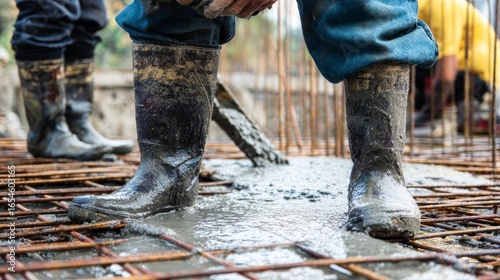 Wallpaper Mural Concrete being poured and leveled on a commercial building floor by workers, wet cement spreading across the site, industrial construction process, modern building activity with equipment and labor Torontodigital.ca
