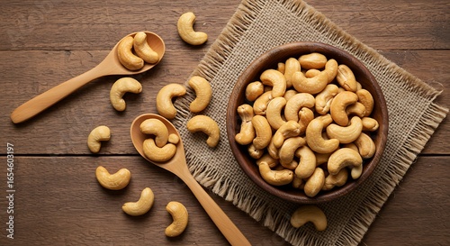 Rustic flat lay of roasted cashew nuts in a bowl on burlap cloth with wooden spoons and scattered nuts on a wooden table, warm natural lighting