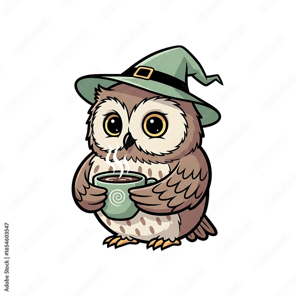 Obraz premium Cute cartoon owl wearing a witch hat, holding a cup of coffee, isolated on transparent background