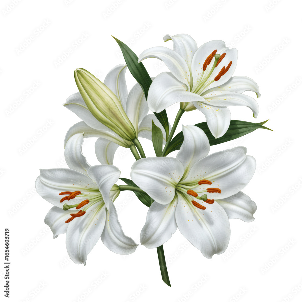 Fototapeta premium Elegant White Lily Floral Arrangement With Green Leaves Isolated on Transparent Background