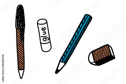 筆記用具(ボールペン・スティックのり・鉛筆・消しゴム)の手描きイラスト