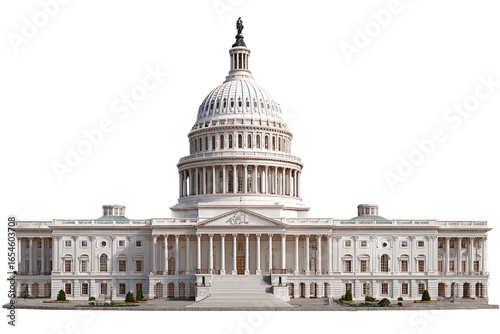 Front facade of a large, white capitol building.  Classical columns, dome, and broad steps