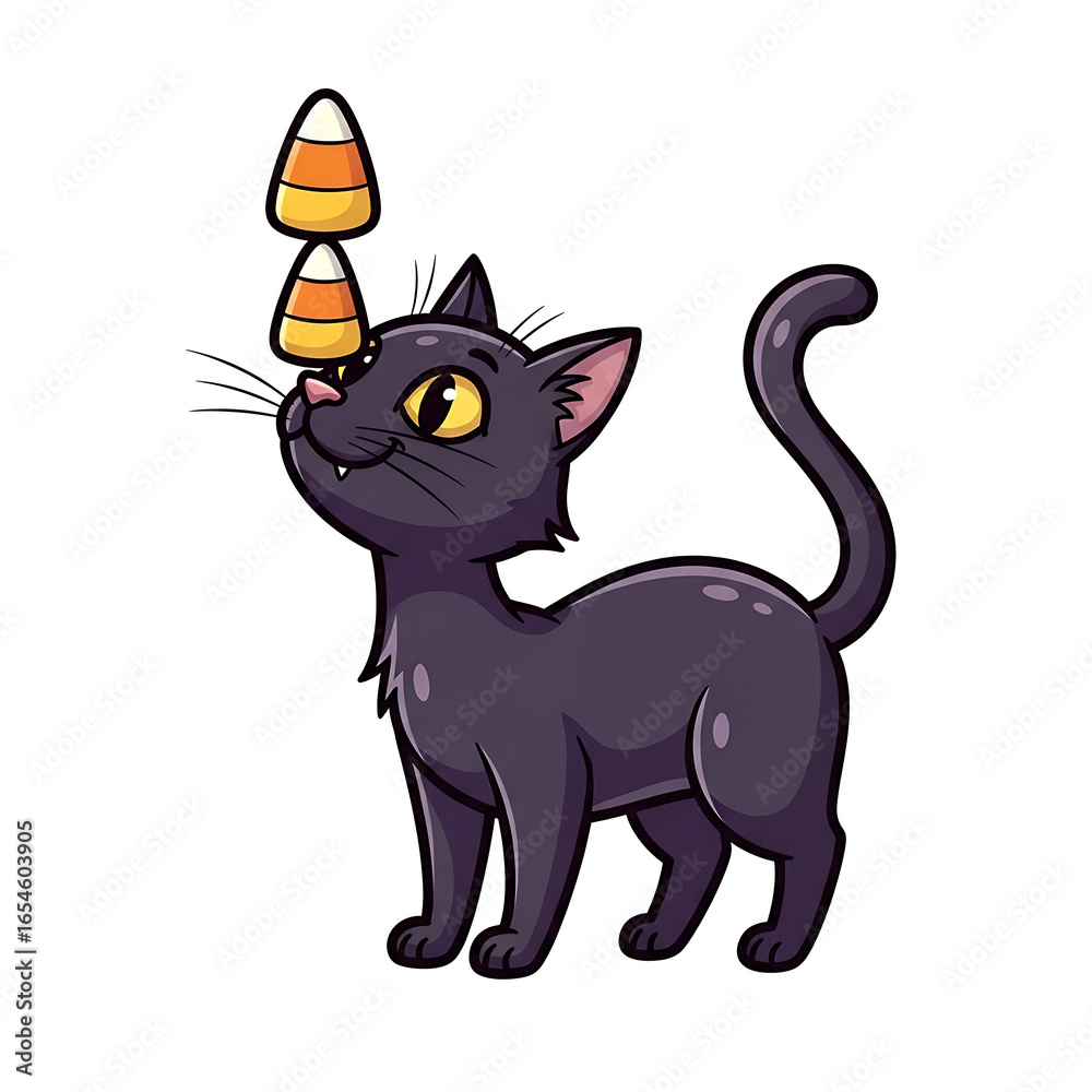 Fototapeta premium Cute black cat balancing candy corn on its nose, isolated on transparent background