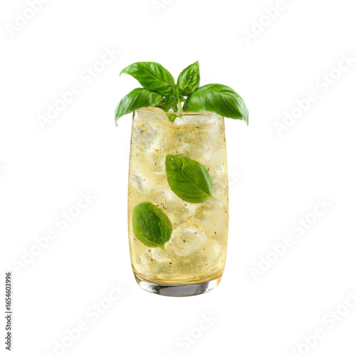 Refreshing Basil and Citrus Summer Cocktail in Tall Glass with Ice