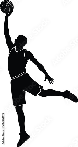 Basketball player silhouette, jumping high, slam dunk, sports action, dynamic athlete, competition, game, vector art, training, motion