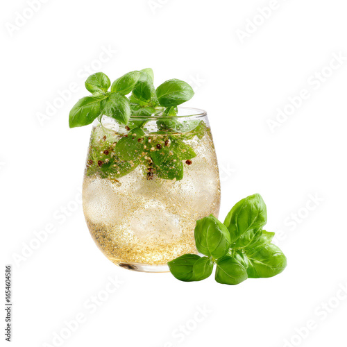 Refreshing Basil Spritzer Cocktail with Ice and Spices in Glass