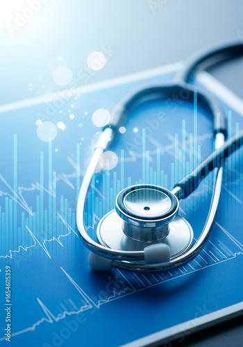 Modern medical stethoscope on a digital screen with health data