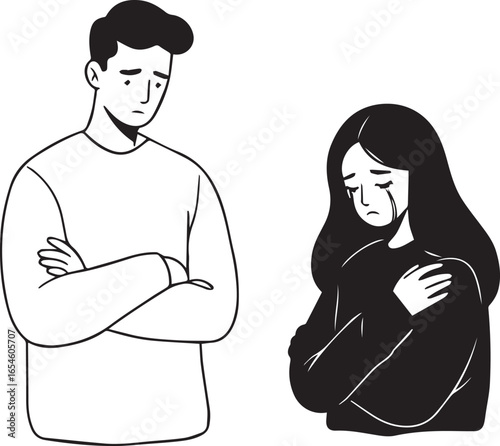 Black and white line drawing illustration of a sad man and a crying woman Keywords: sad, crying, upset, unhappy, emotional, distress, despair, sorrow, grief, loss, relationship problems, conflict