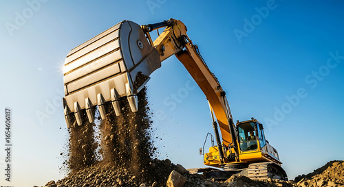 Excavator dumping dirt and rocks from its bucket against a clear blue sky