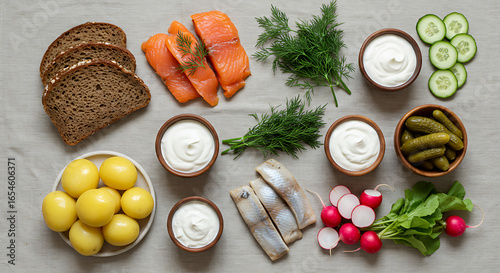 Flat lay of Nordic cuisine essentials on linen cloth background. Rye bread slices, smoked salmon, dill sprigs, boiled potatoes, pickled herring, sour cream, radishes, and cucumber slices. Minimal styl