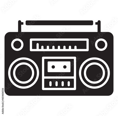 Black and white retro boombox silhouette vector illustration for music audio and sound design