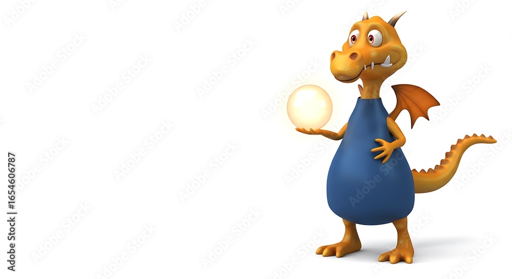 Fototapeta premium 3d cartoon illustration, dragon holding a glowing ball, on the right side of the image with clear copy space on the left for text. ,isolated on white background