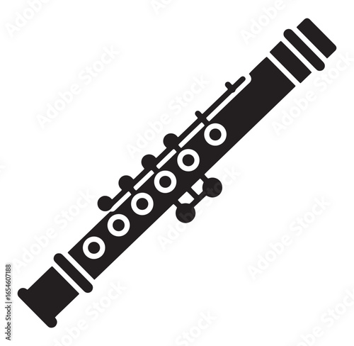 Black and white vector illustration of a clarinet musical instrument isolated on white background