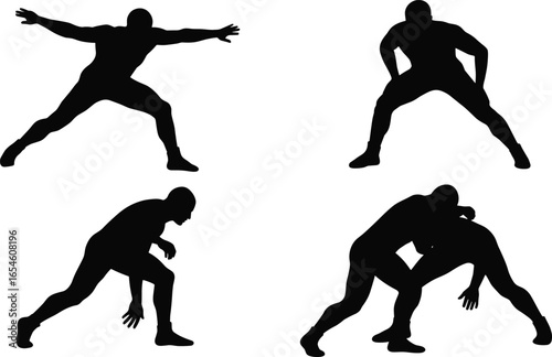 Dynamic wrestling poses, silhouettes of wrestlers in action, sports competition, grappling, fitness training, martial arts, athletic strength, movement