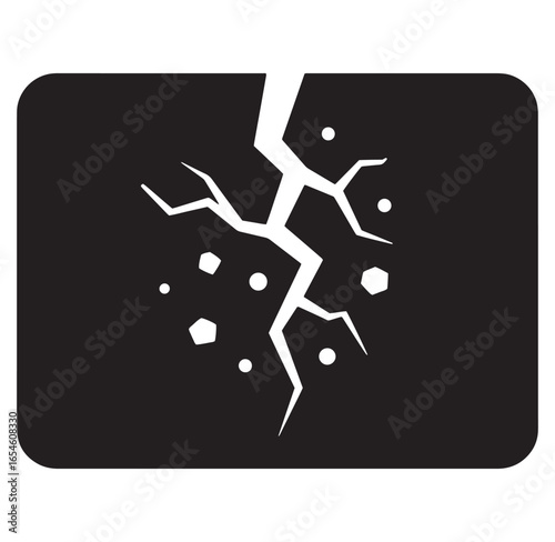 Minimalist representation of a crack expanding with fragments on a black rounded square
