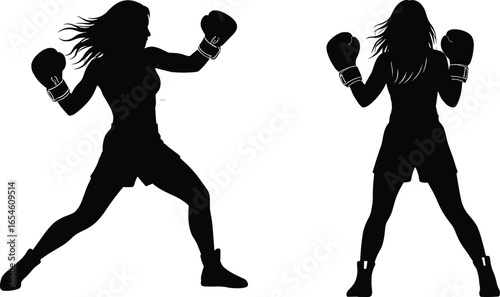 Female boxers silhouette, boxing stance, sports illustration, fitness, strength, athletic women, dynamic action, martial arts, competition, training, punching pose, self defense, fighting spirit, 