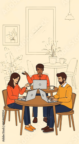 Three diverse individuals collaborating on laptops at a round table in a cozy cafe setting.