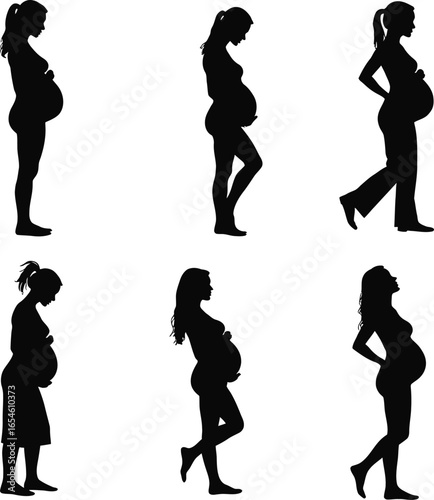 Six silhouettes of pregnant women in various poses