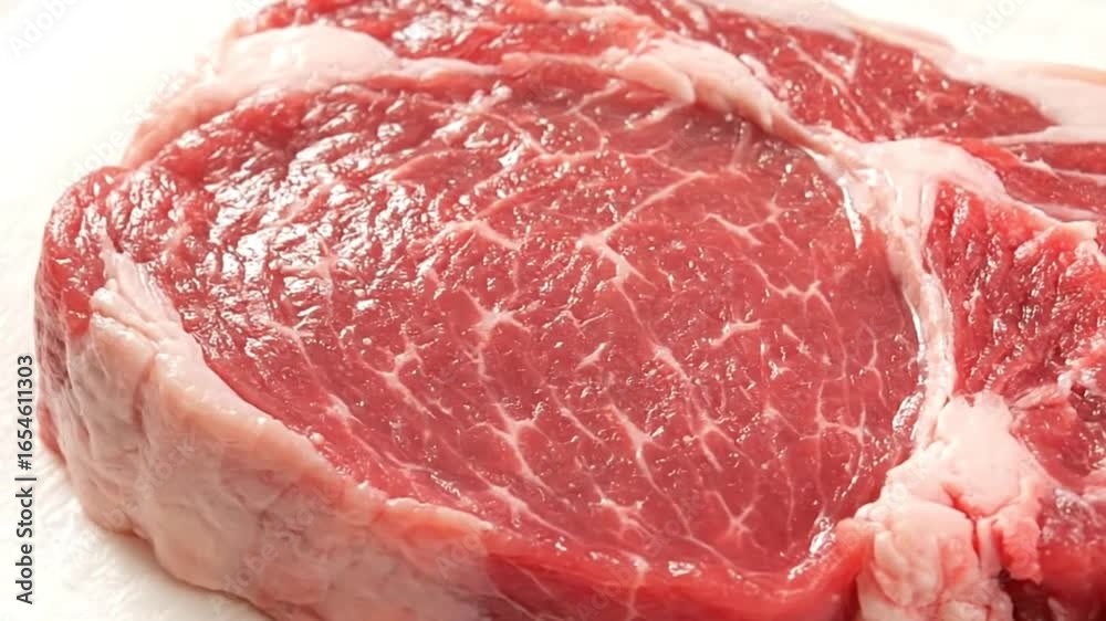 Closeup of a marbled raw beef steak with visible fat and muscle fibers Closeup of a marbled raw beef steak with visible fat and muscle fibers