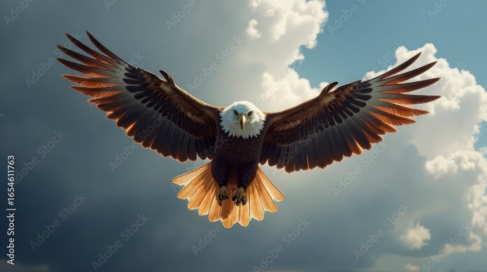 Obraz premium Bald Eagle Soars Against Cloudy Sky