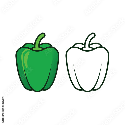 Vector art of green bell pepper and outline isolated on white background