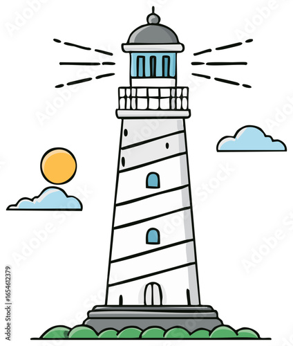 Coastal lighthouse with beam of light shining outward under sun and clouds