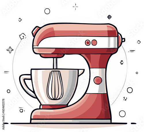 Red stand mixer appliance for cooking and baking dessert or cakes, simple cartoon vector illustration for bakery or kitchen