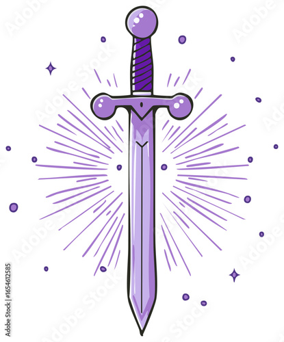 Hand drawn magical purple sword glowing with mystical aura and sparkles