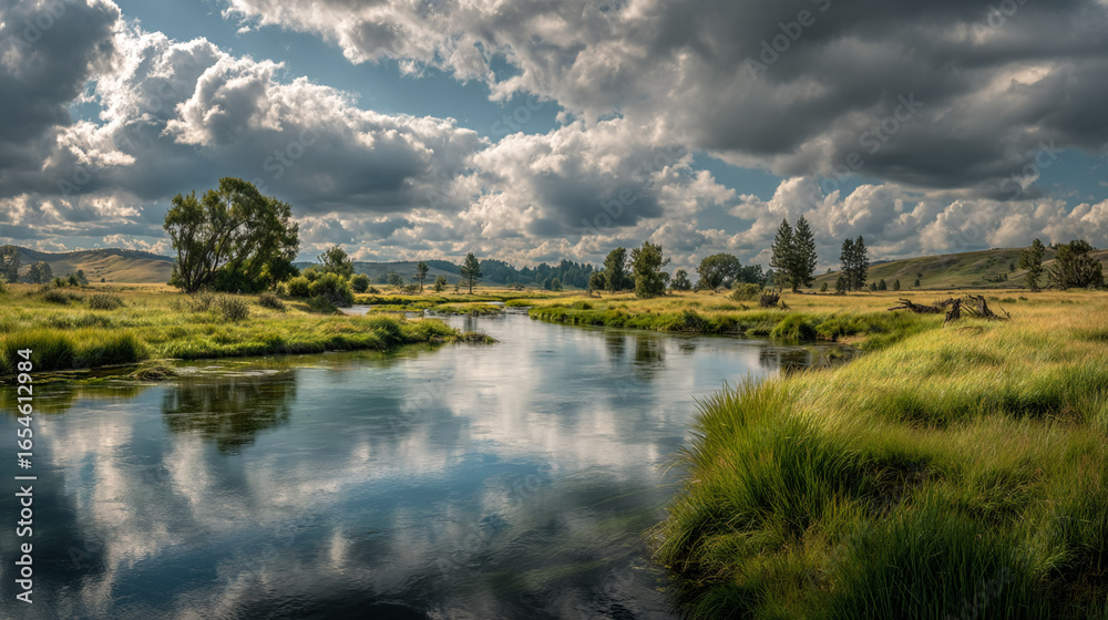 Fototapeta premium Serene River Landscape: Dramatic Clouds Reflecting on Calm Waters