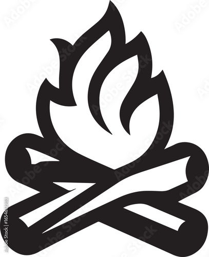 Rustic silhouette style vector minimal campfire logo design, simple black fire and wood icon illustration, modern emblem for camping, outdoor adventure, travel, nature, wilderness, scout groups, survi