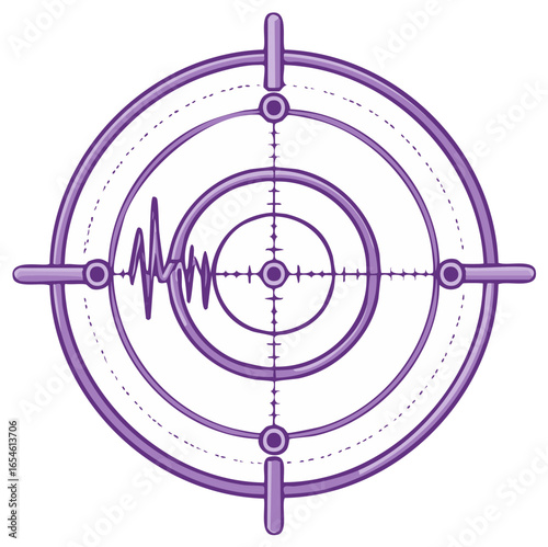 Futuristic purple scope with crosshairs detecting a sound wave or seismic signal