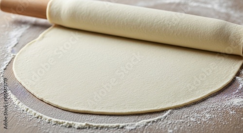 Rolling dough with wooden rolling pin on floured surface for baking