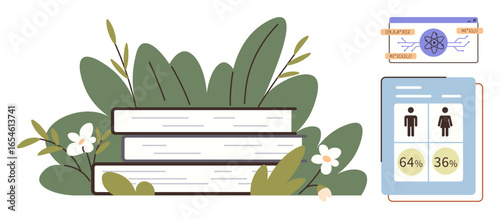 Stacked books surrounded by greenery, infographic with scientific elements, and a gender statistics chart. Ideal for education, knowledge, learning, nature studies, statistics, science simple