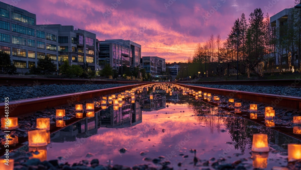 Fototapeta premium Sunset over train tracks with candles