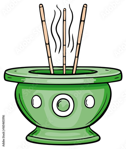 Cartoon illustration of a traditional green incense burner with three burning joss sticks