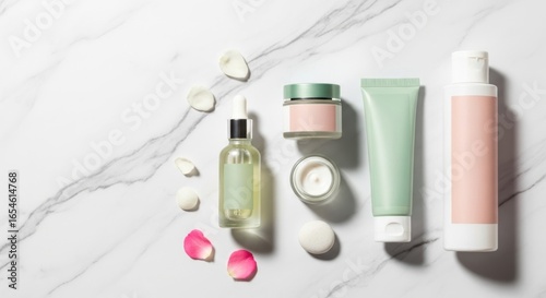 Elegant Arrangement of Skincare Products on Marble Surface with Petals and Clean Line Aesthetics for Beauty and Wellness Promotion