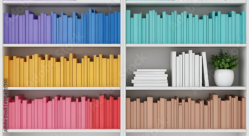 Bookshelf with colorful books and a plant in a white pot