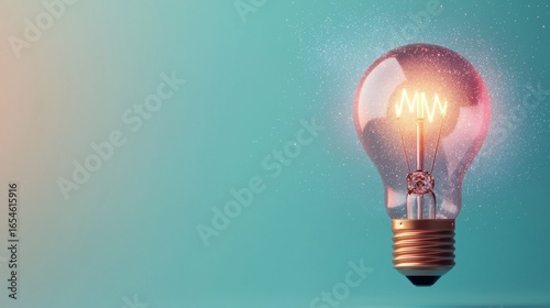 Closeup of a glowing incandescent lightbulb against a teal background representing inspi n creativity and the birth of a new idea or technological advancement