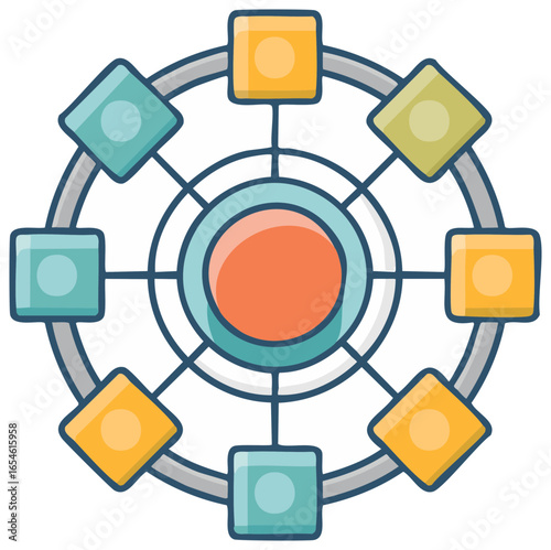 Colorful Network Diagram Icon with Hub Spokes and Connected Nodes Illustration