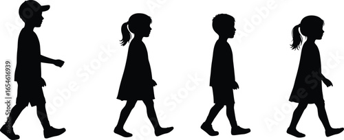 Silhouettes of children walking, isolated on white background, diverse poses, educational illustration, movement, activity, black shadow, figures