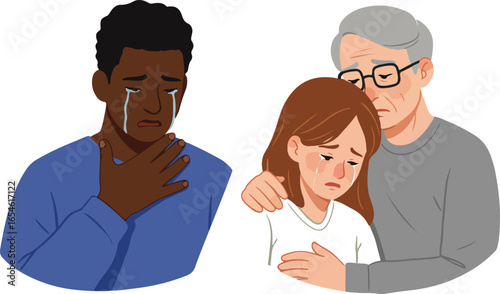 Diverse people crying and comforting each other with transparent background grief sorrow