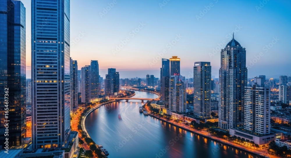 Fototapeta premium Stunning Aerial View of Skyscrapers Reflecting in Water During Sunset in Modern Urban Cityscape with Bright Lights and Calm River